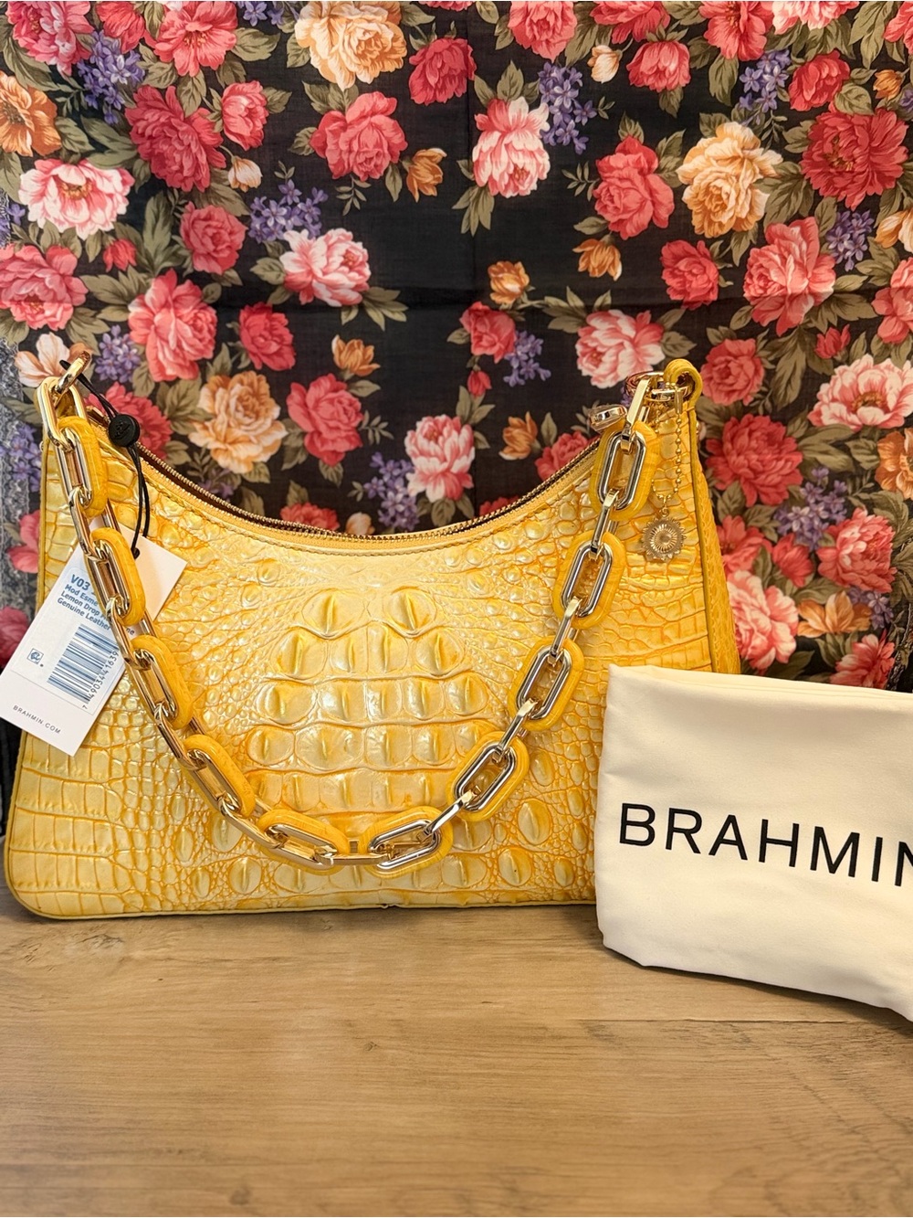 Brahmin Yellow Croc-Embossed Leather Shoulder Bag with Chain Strap